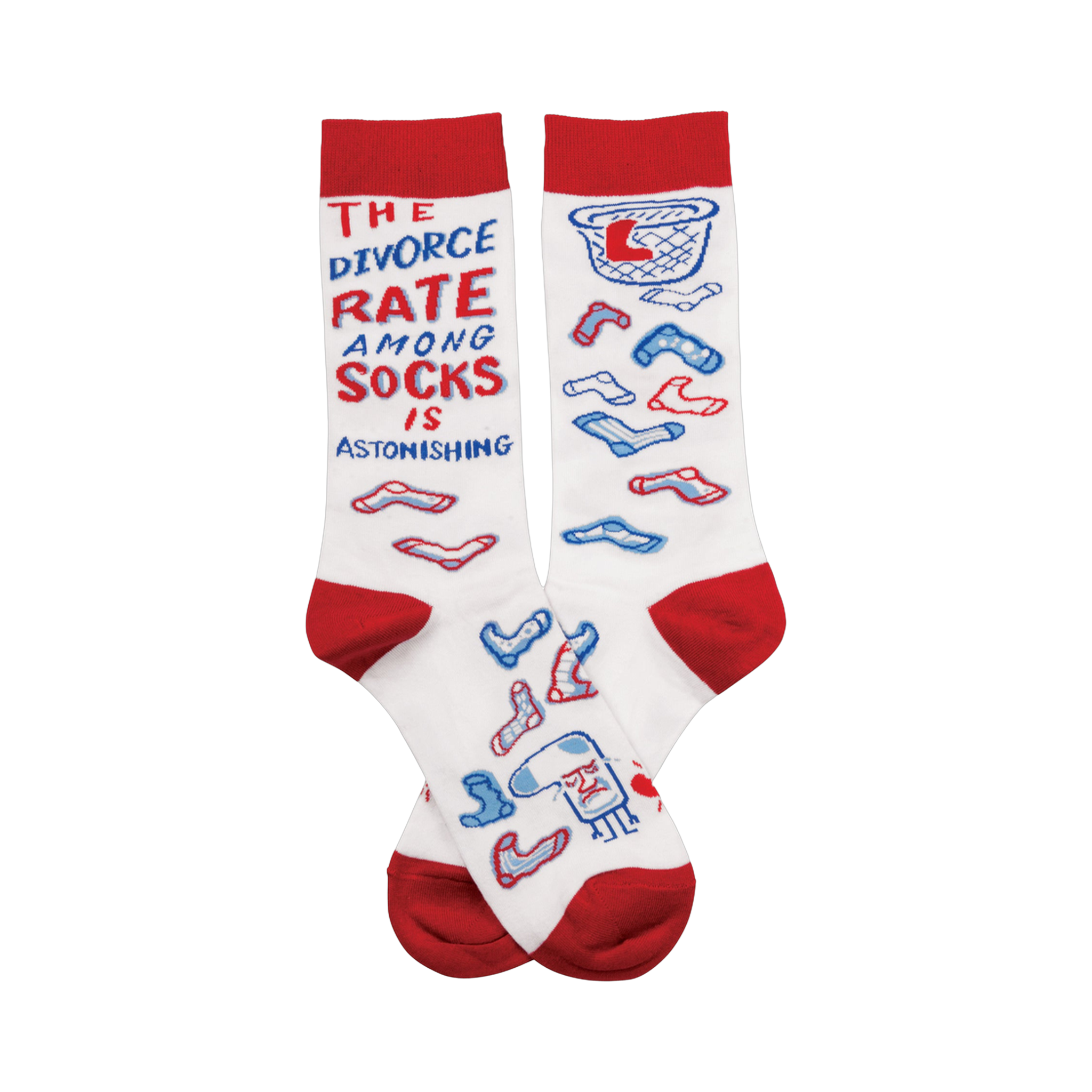 White crew socks with red cuffs.  The design includes a humorous text statement about sock divorce and small illustrations of mismatched socks.