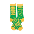 Crew socks in bright green and yellow.  The design features a travel theme with a quote, airplane, globe, and camping icons.