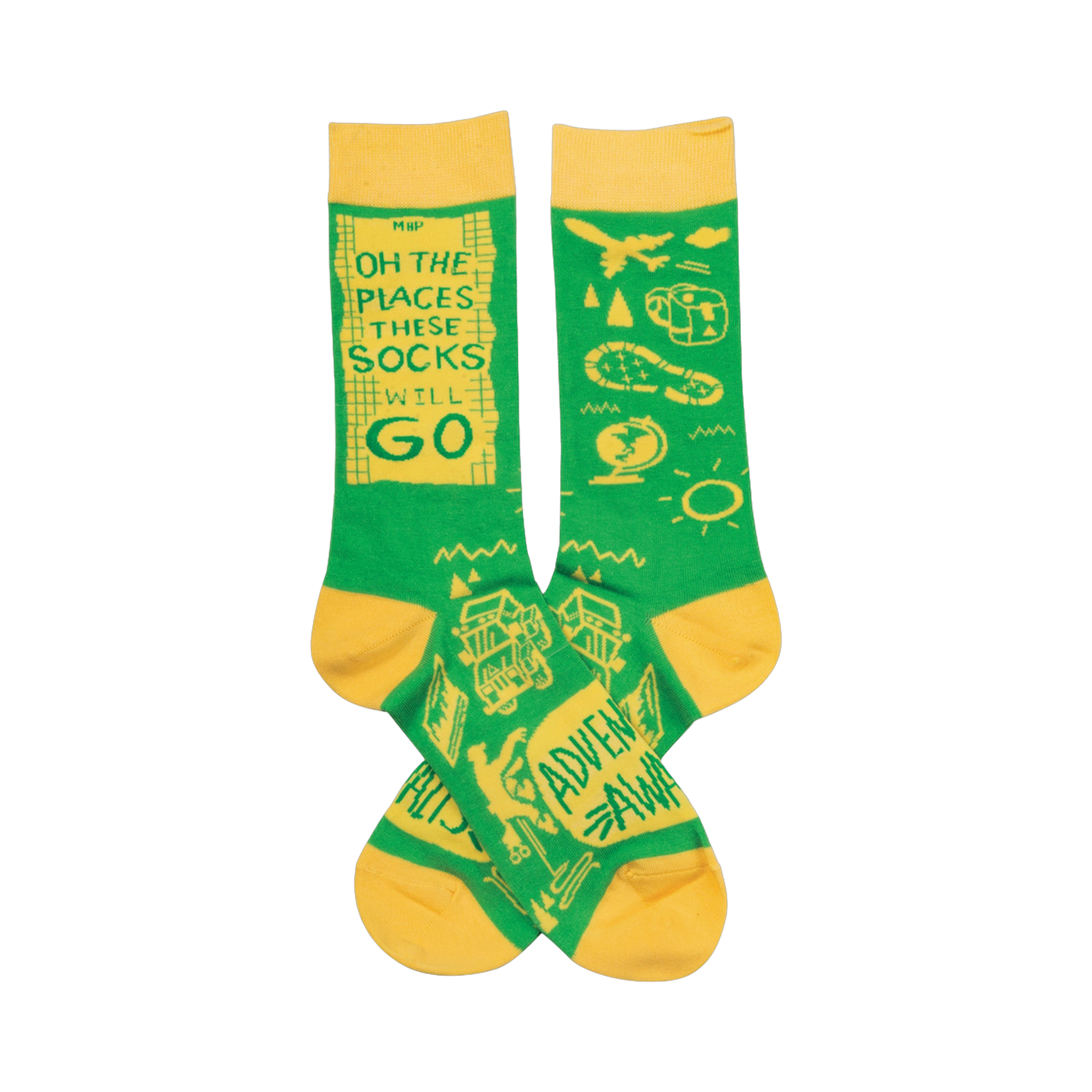 Crew socks in bright green and yellow.  The design features a travel theme with a quote, airplane, globe, and camping icons.