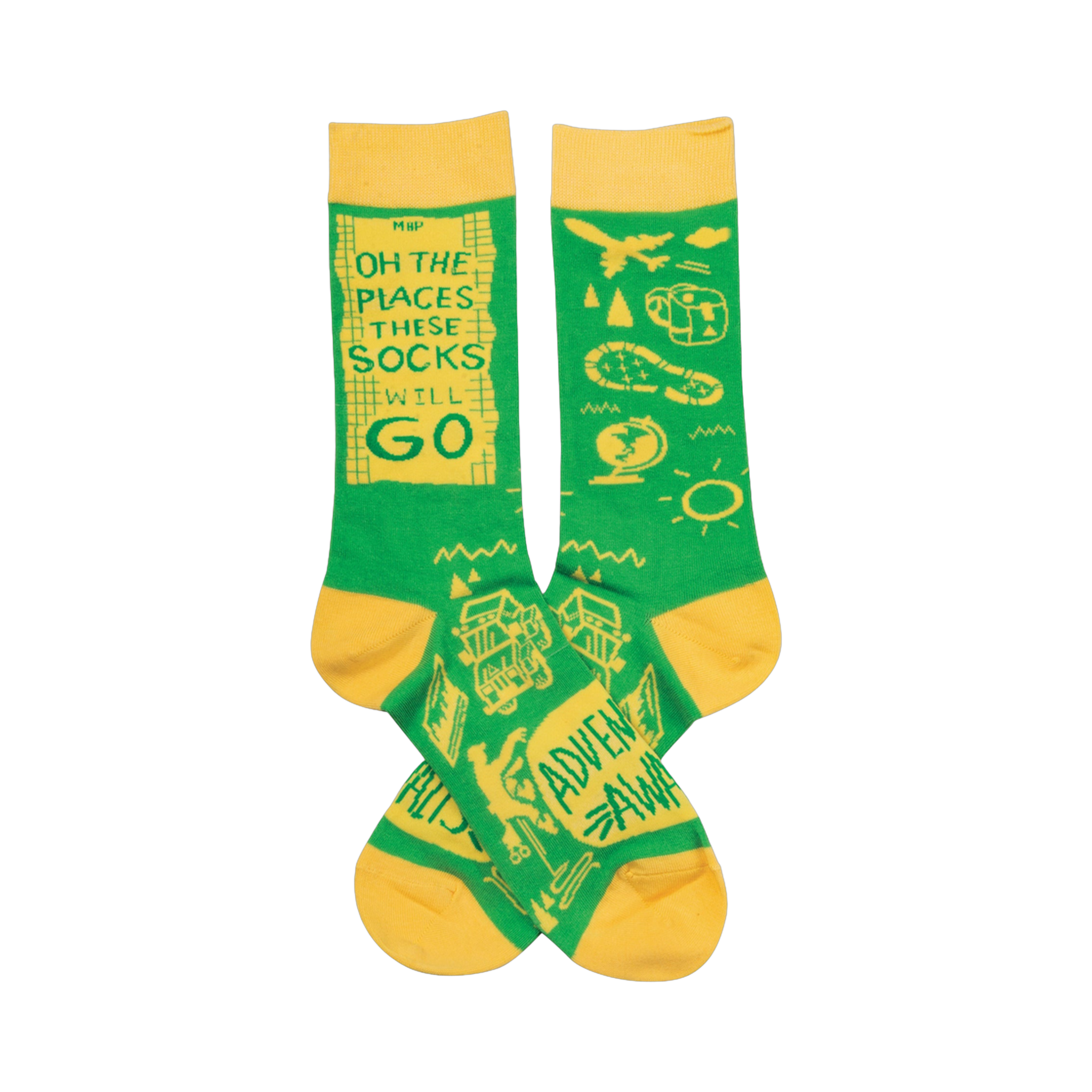 Crew socks in bright green and yellow.  The design features a travel theme with a quote, airplane, globe, and camping icons.