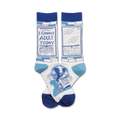 Pair of crew socks, white with blue accents. One sock says "I cannot adult today," the other features a cat illustration and "Tom Does Good."