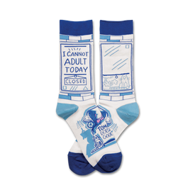**alt text description:**  white socks with blue trim, "i cannot adult today" and "tom does good" printed on them. crew length socks suitable for men and women.  