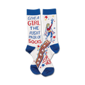 White crew socks with blue cuffs.  Features a graphic of a superhero girl, red and yellow stripes, stars, and the text 'Give a girl the right pair of socks'.