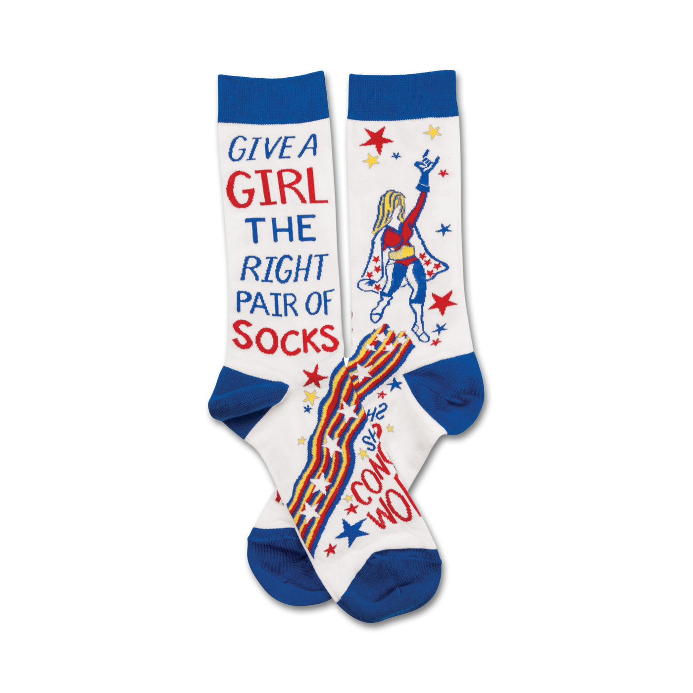 White crew socks with blue cuffs.  Features a graphic of a superhero girl, red and yellow stripes, stars, and the text 'Give a girl the right pair of socks'.