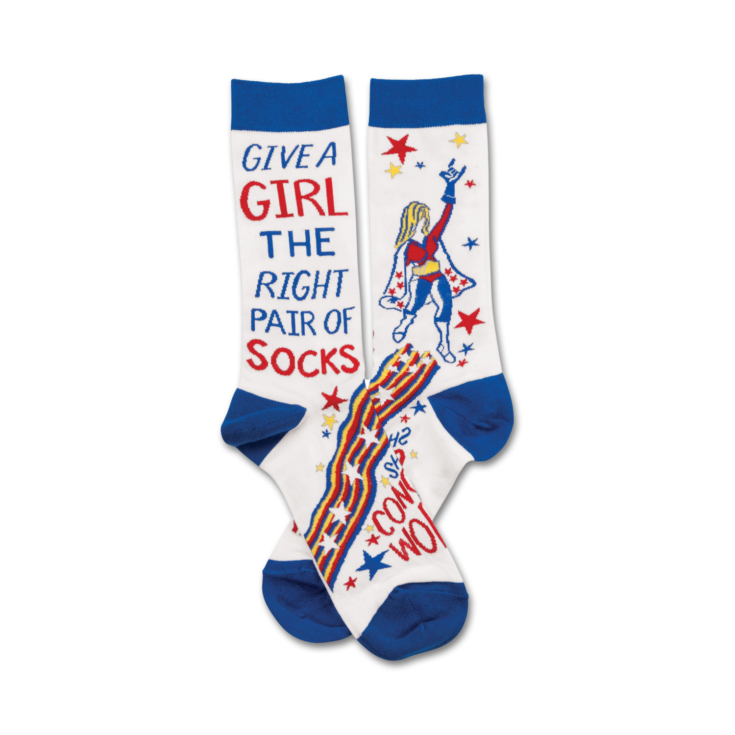 White crew socks with blue cuffs.  Features a graphic of a superhero girl, red and yellow stripes, stars, and the text 'Give a girl the right pair of socks'.