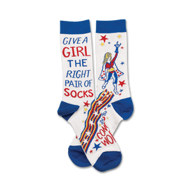white crew socks with blue toe, heel, and top, featuring a superhero girl, stars, and the words 'conquer the world' and 'give a girl the right pair of socks...she can conquer the world.'   