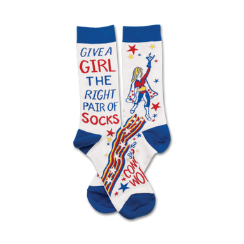 white crew socks with blue toe, heel, and top, featuring a superhero girl, stars, and the words 'conquer the world' and 'give a girl the right pair of socks...she can conquer the world.'   