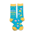 Pair of crew socks in teal, yellow, and pink.  Features 'Best Mom Ever' text and fun design elements like stars, crowns, and trophies.