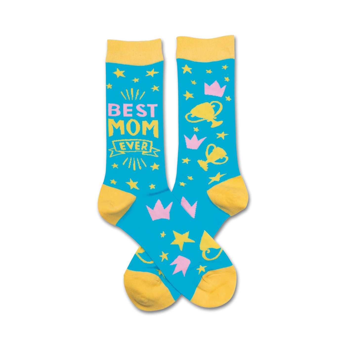 Pair of crew socks in teal, yellow, and pink.  Features 'Best Mom Ever' text and fun design elements like stars, crowns, and trophies.