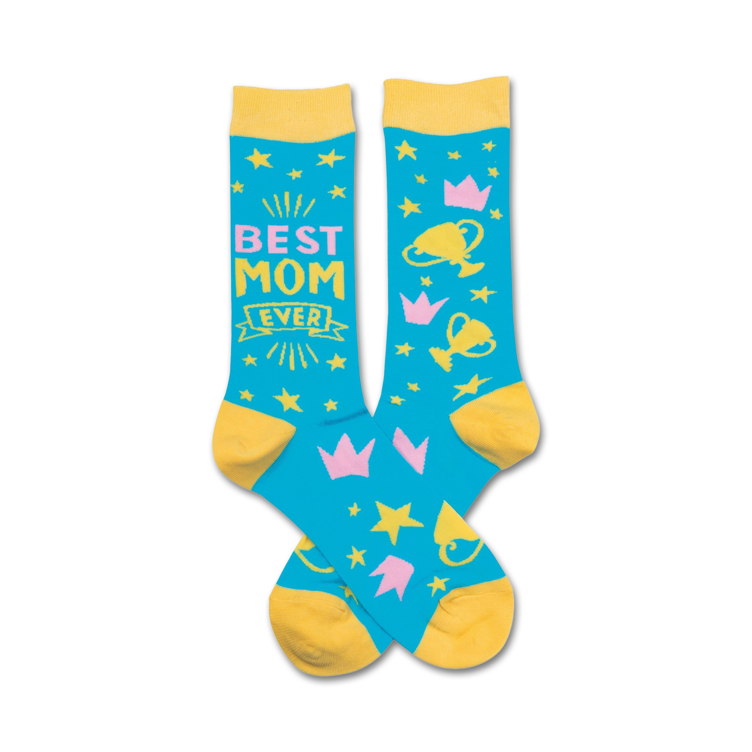 Pair of crew socks in teal, yellow, and pink.  Features 'Best Mom Ever' text and fun design elements like stars, crowns, and trophies.