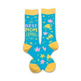 blue socks with pink stars, yellow crowns, and yellow trophies and "best mom ever" in yellow letters.   