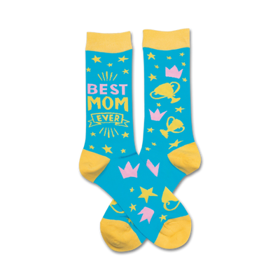 blue socks with pink stars, yellow crowns, and yellow trophies and "best mom ever" in yellow letters.   