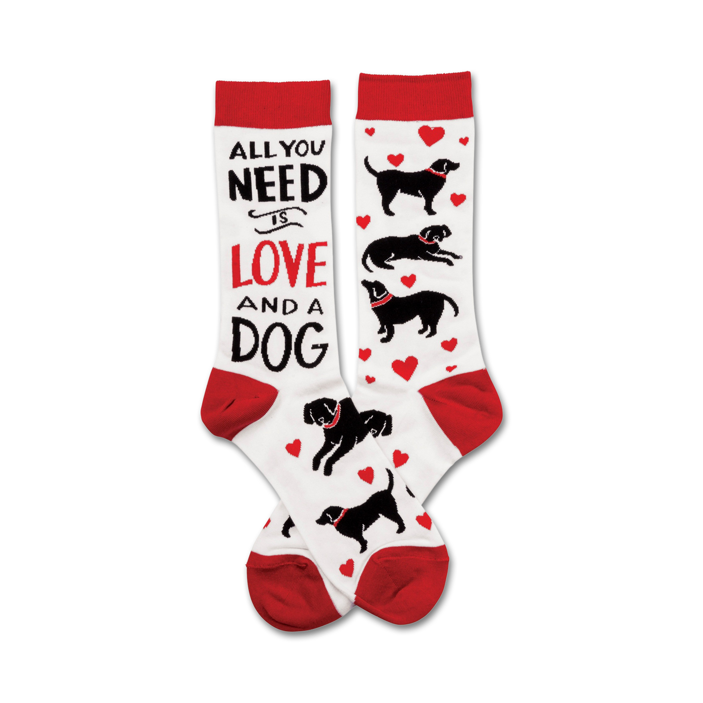 A pair of crew socks with a red and white design.  The socks feature black labrador silhouettes, red hearts, and the text 'All You Need Is Love And A Dog'.