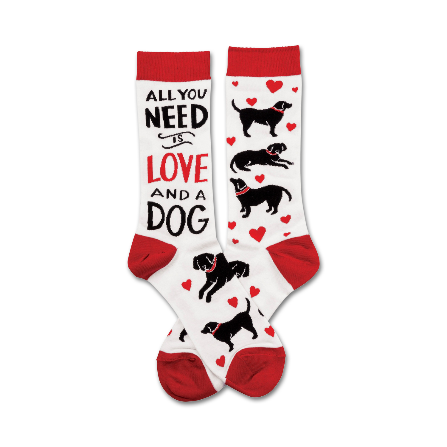 A pair of crew socks with a red and white design.  The socks feature black labrador silhouettes, red hearts, and the text 'All You Need Is Love And A Dog'.