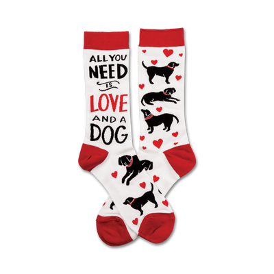  comfortable white cotton womens red-toed and cuffed crew dog-themed fun novelty 'all you need is love and a dog' word quote love heart and pet pooch design fun puppy paw print winter summer warm fuzzy cozy holiday gift work casual.  