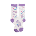 Crew socks; white base with lavender cuffs; features unicorns, stars, and clouds; 'Follow That Unicorn' text on sole.