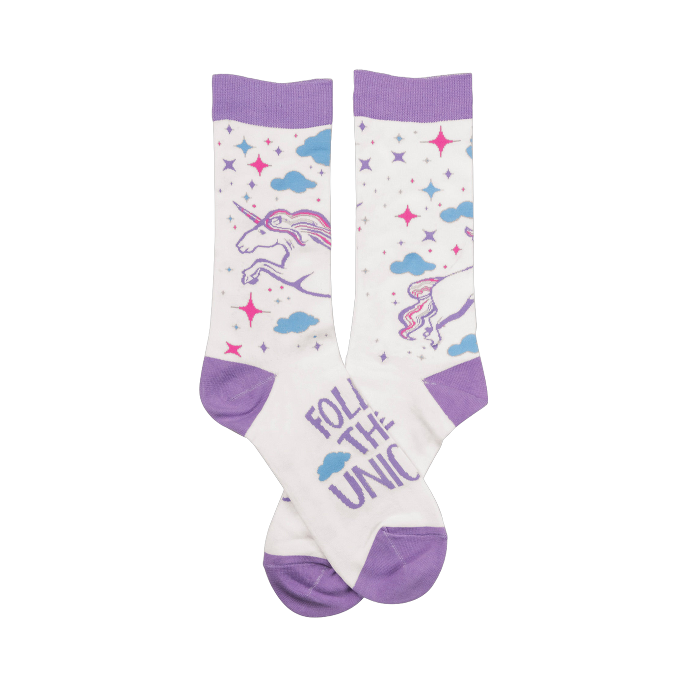 Crew socks; white base with lavender cuffs; features unicorns, stars, and clouds; 'Follow That Unicorn' text on sole.
