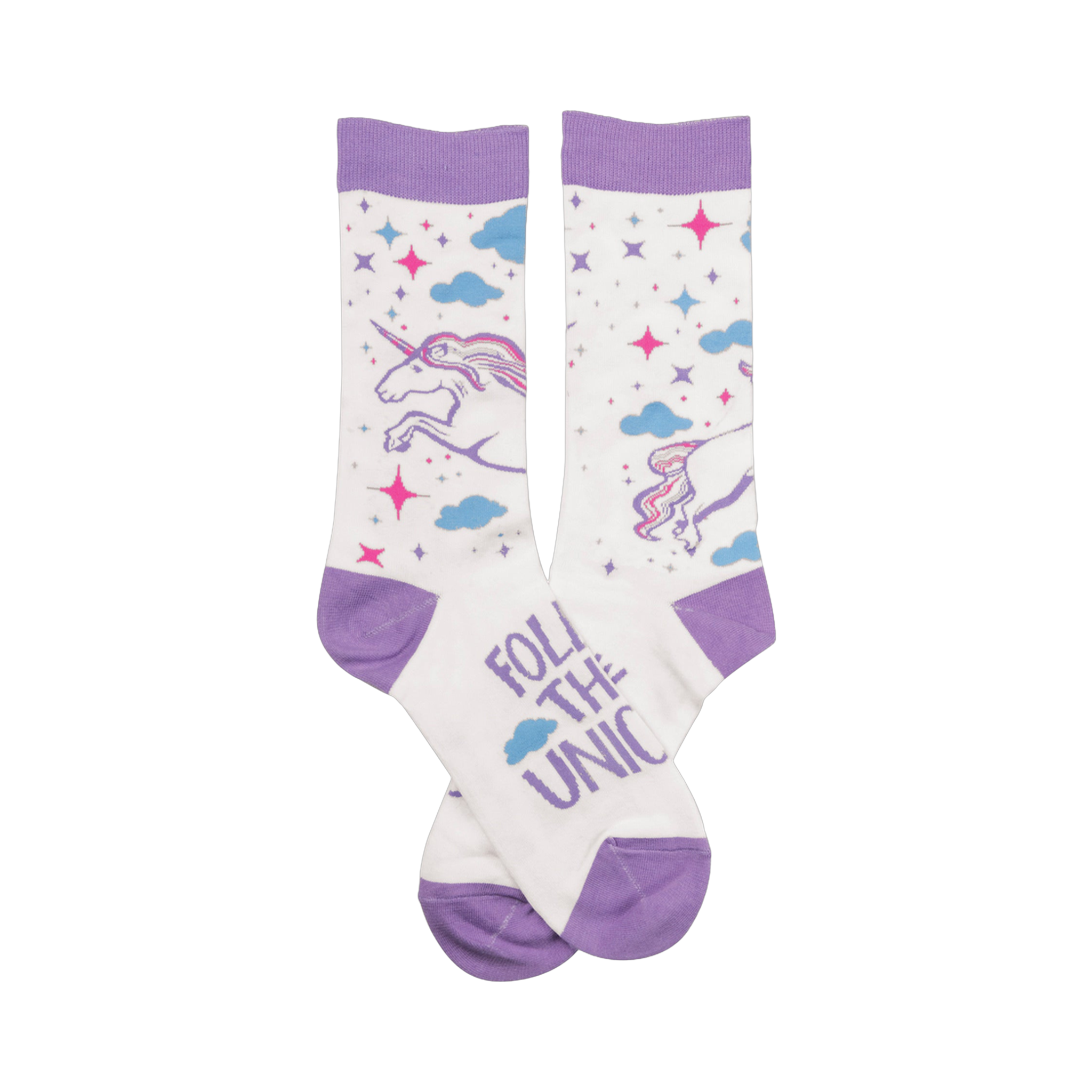 Crew socks; white base with lavender cuffs; features unicorns, stars, and clouds; 'Follow That Unicorn' text on sole.