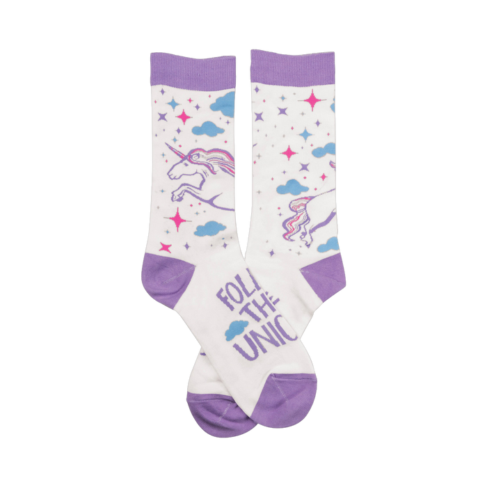 Crew socks; white base with lavender cuffs; features unicorns, stars, and clouds; 'Follow That Unicorn' text on sole. }}