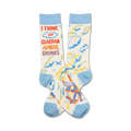 Cream crew socks with light blue cuffs, featuring a cartoon angel, clouds, and the text 'I think my guardian angel drinks'.