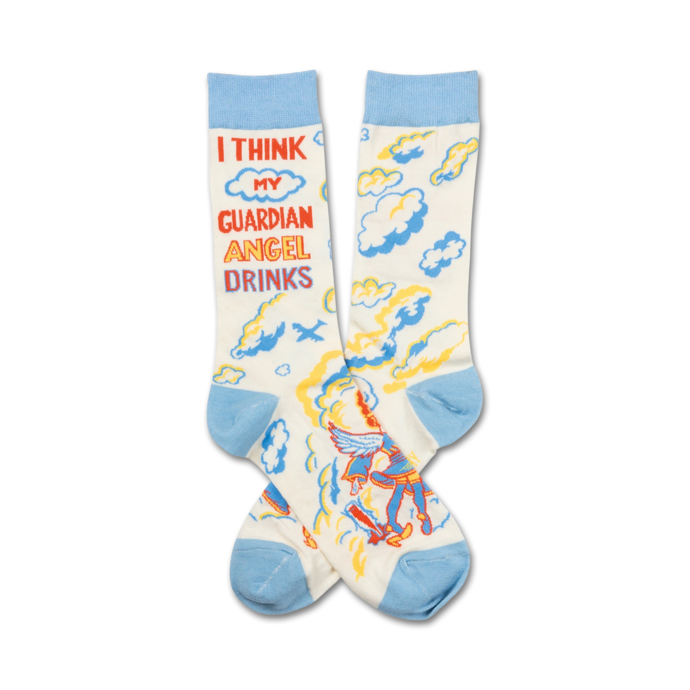 Cream crew socks with light blue cuffs, featuring a cartoon angel, clouds, and the text 'I think my guardian angel drinks'.