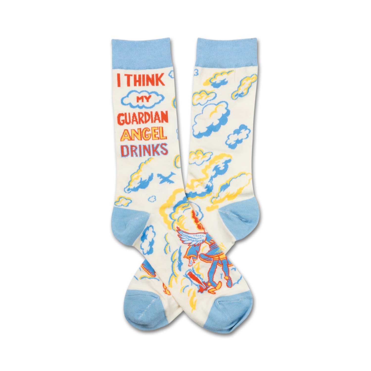 Cream crew socks with light blue cuffs, featuring a cartoon angel, clouds, and the text 'I think my guardian angel drinks'.
