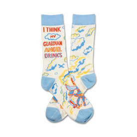 white crew sock with cloud patterns and a skateboard-riding angel with "i think my guardian angel drinks" printed on the top.  