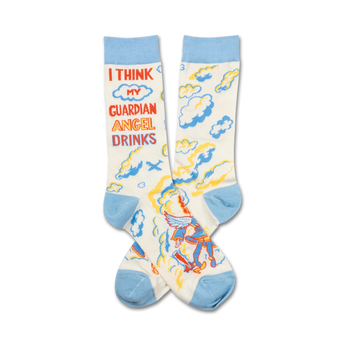 white crew sock with cloud patterns and a skateboard-riding angel with 