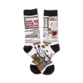 A pair of crew socks with a fun office-themed design. The socks are mainly white with brown and red accents, depicting an office desk, computer, and a celebratory bottle of wine.
