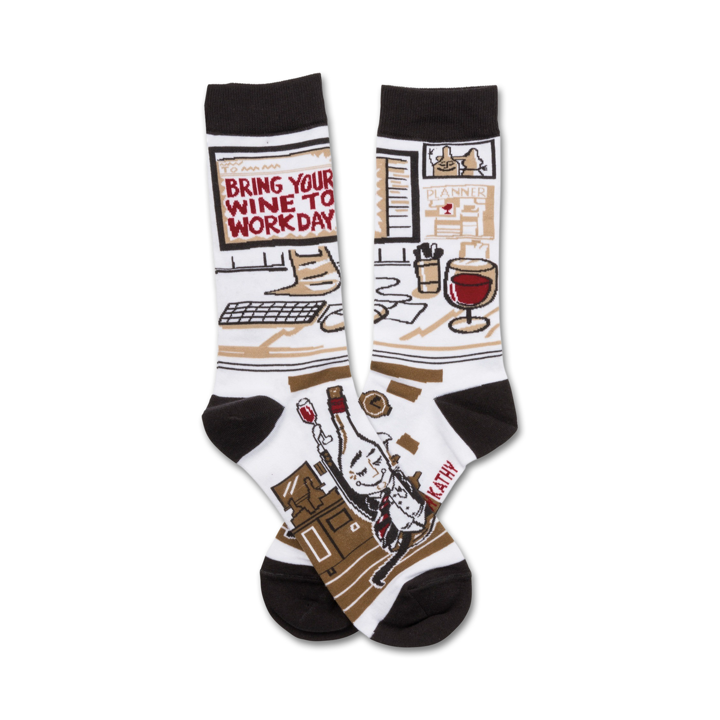 A pair of crew socks with a fun office-themed design. The socks are mainly white with brown and red accents, depicting an office desk, computer, and a celebratory bottle of wine.