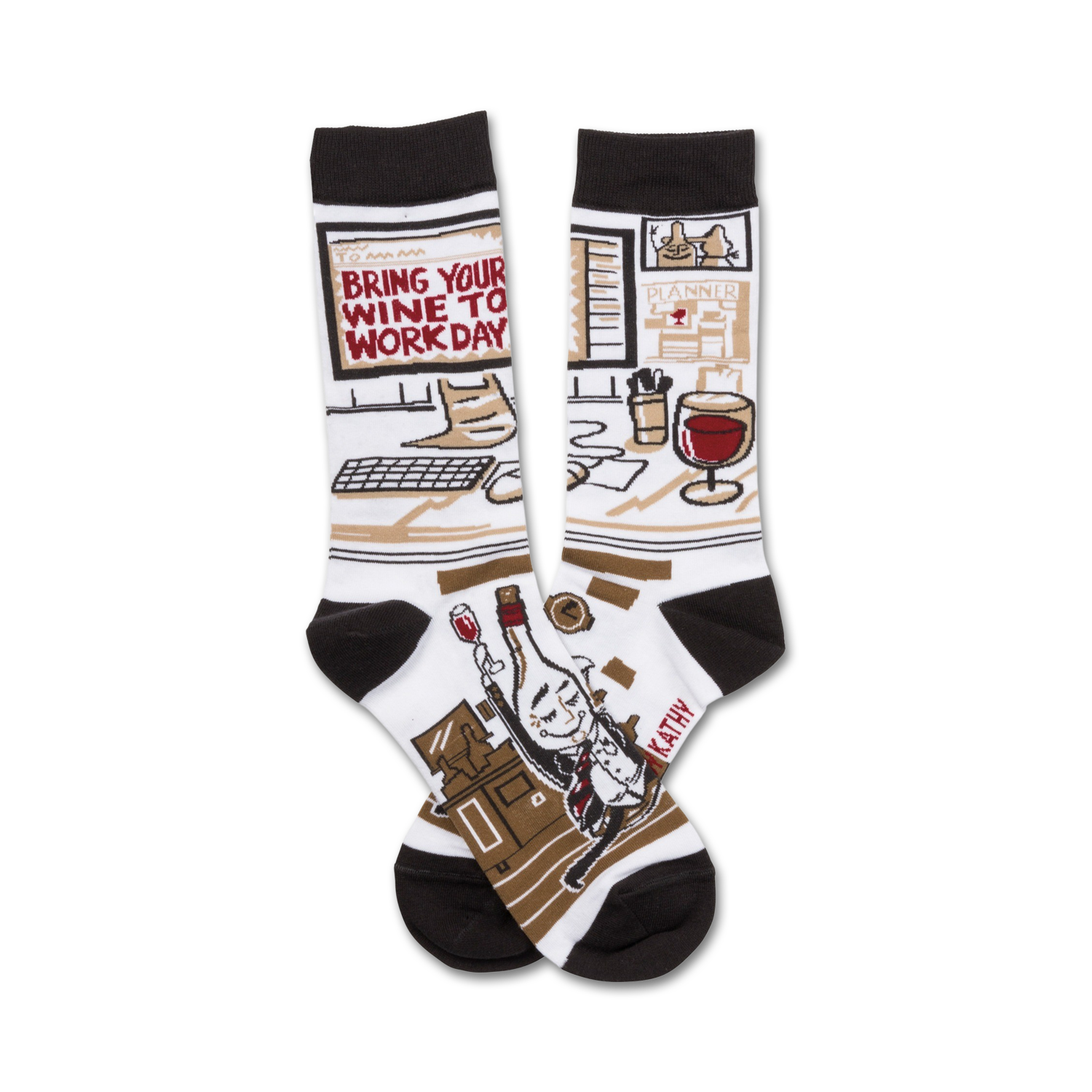 A pair of crew socks with a fun office-themed design. The socks are mainly white with brown and red accents, depicting an office desk, computer, and a celebratory bottle of wine.