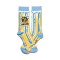 Pair of crew socks in yellow and light blue, featuring a beer mug design and the text 'This beer is making me awesome'.