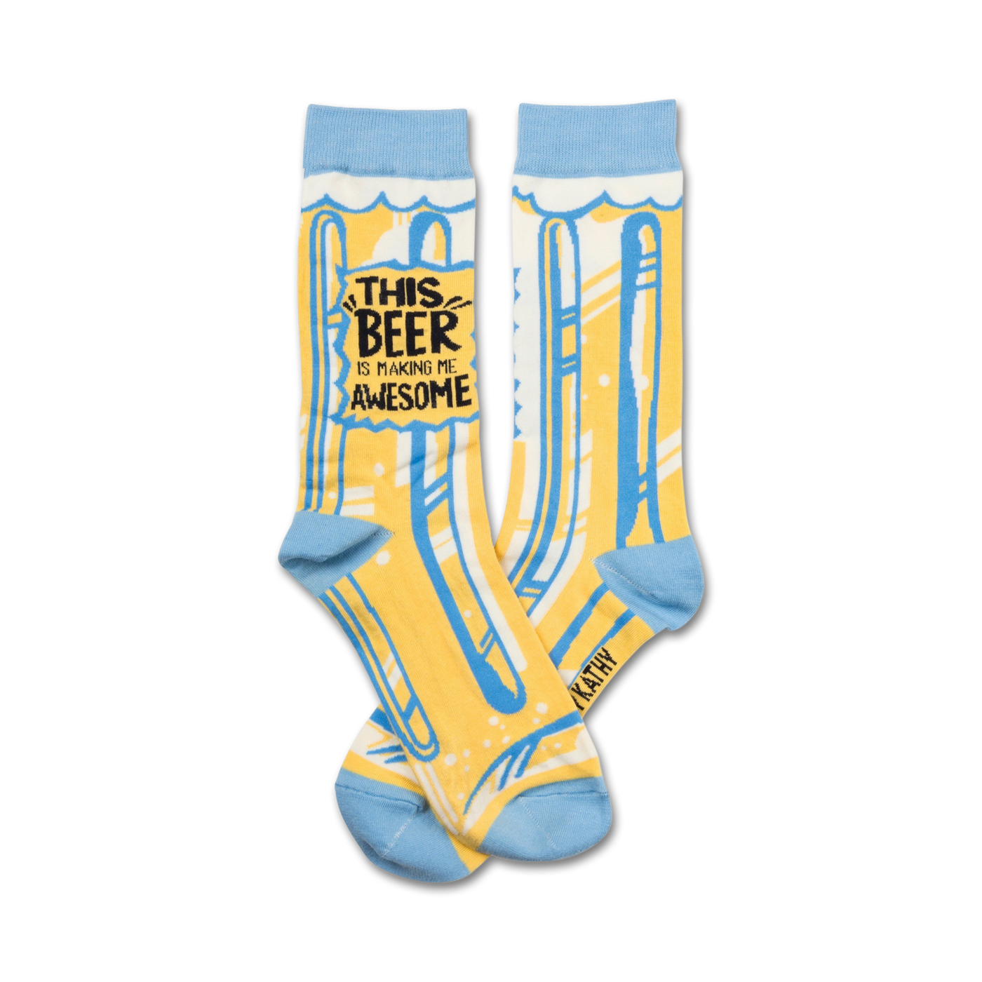 Pair of crew socks in yellow and light blue, featuring a beer mug design and the text 'This beer is making me awesome'.