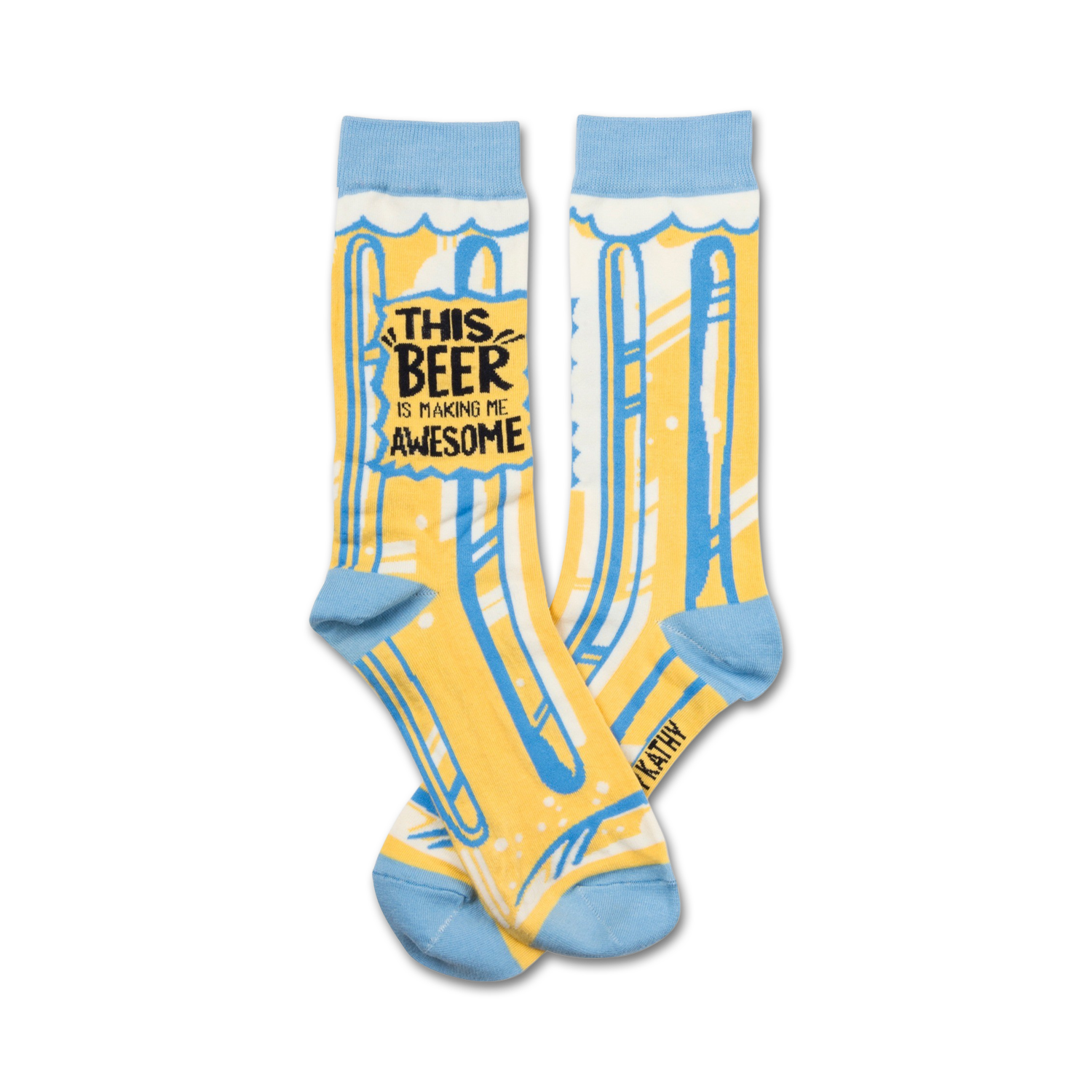 Pair of crew socks in yellow and light blue, featuring a beer mug design and the text 'This beer is making me awesome'.