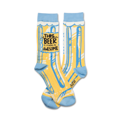 yellow socks with blue toe, heel, and cuff. "kathy" printed on left cuff. "this beer is making me awesome" on front. crew length. for men and women. 