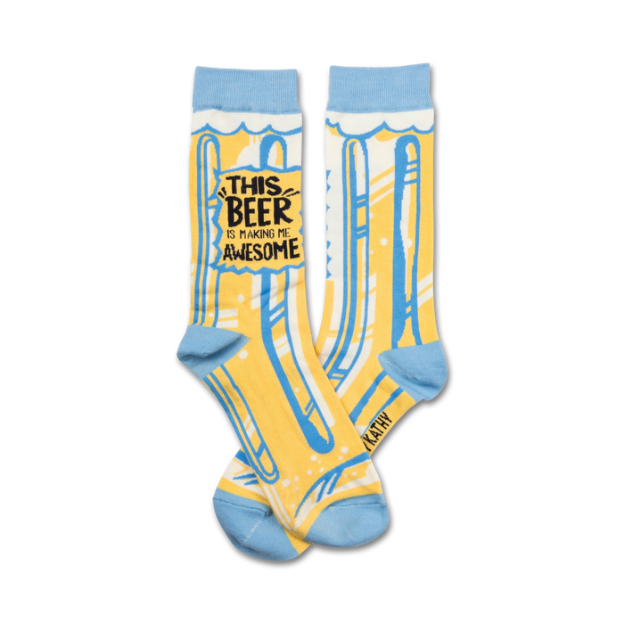 yellow socks with blue toe, heel, and cuff. 