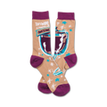 Crew socks in beige, purple, and teal. The design showcases a wine glass with the text 'This wine is making me awesome'.