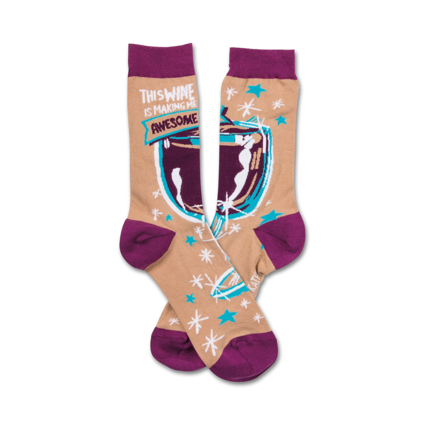 Crew socks in beige, purple, and teal. The design showcases a wine glass with the text 'This wine is making me awesome'.