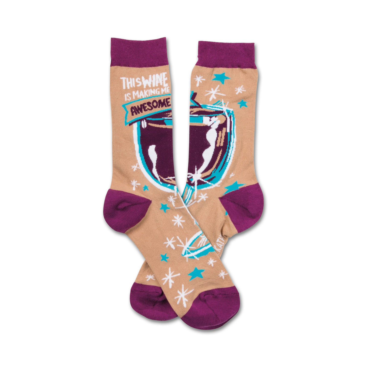Crew socks in beige, purple, and teal. The design showcases a wine glass with the text 'This wine is making me awesome'.