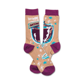 womens wine awesome novelty crew socks in tan with purple toes, heels, cuffs, and stars.   