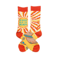 Crew socks in orange and yellow.  One features 'I'd rather be at the beach' surrounded by a lightning bolt pattern. The other shows a beach scene with seashells.