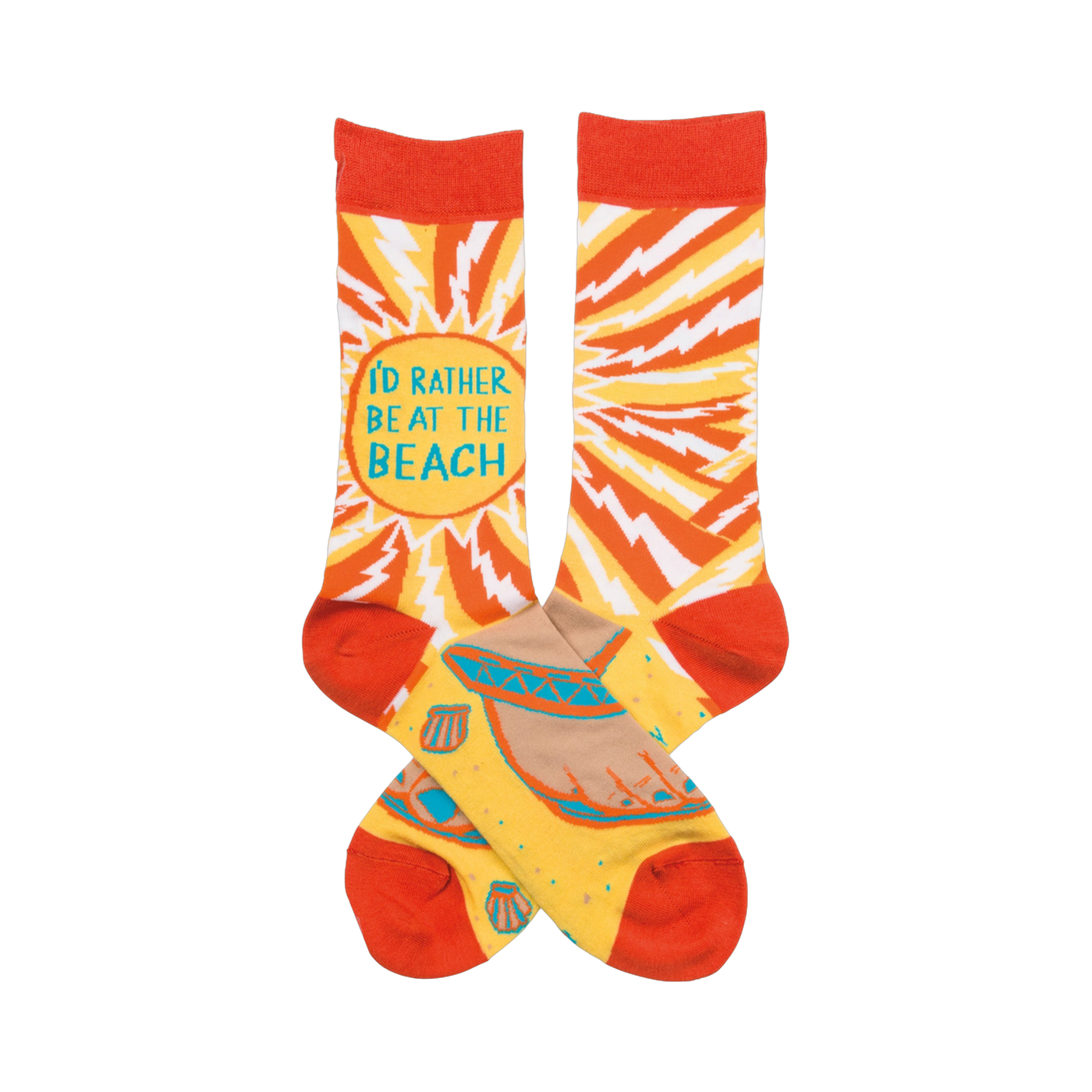 Crew socks in orange and yellow.  One features 'I'd rather be at the beach' surrounded by a lightning bolt pattern. The other shows a beach scene with seashells.