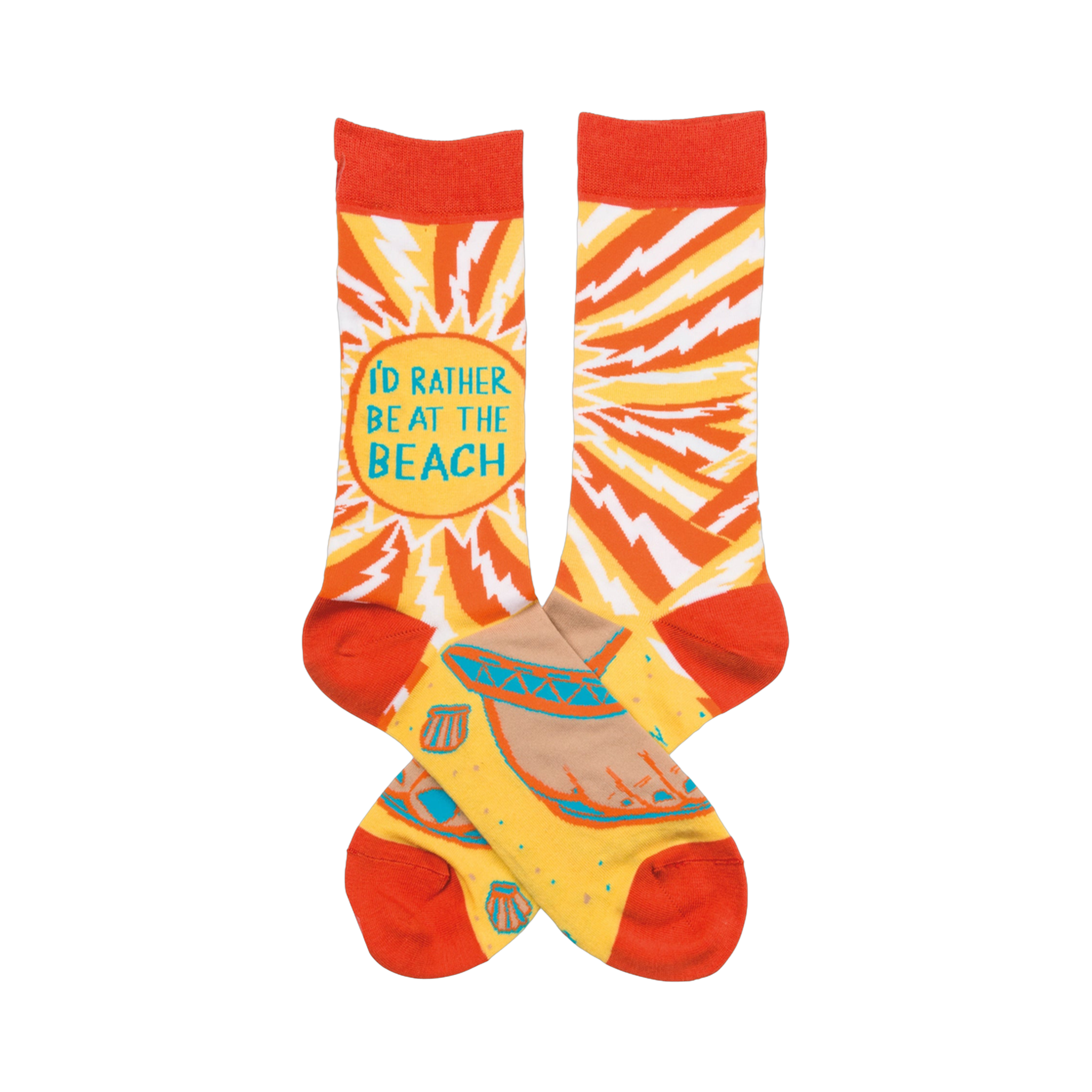 Crew socks in orange and yellow.  One features 'I'd rather be at the beach' surrounded by a lightning bolt pattern. The other shows a beach scene with seashells.