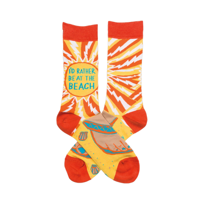 Crew socks in orange and yellow.  One features 'I'd rather be at the beach' surrounded by a lightning bolt pattern. The other shows a beach scene with seashells.