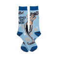 Crew socks in light blue with a dark blue cuff. Feature a graphic of a mermaid with the text 'Mermaids Don't Work'.