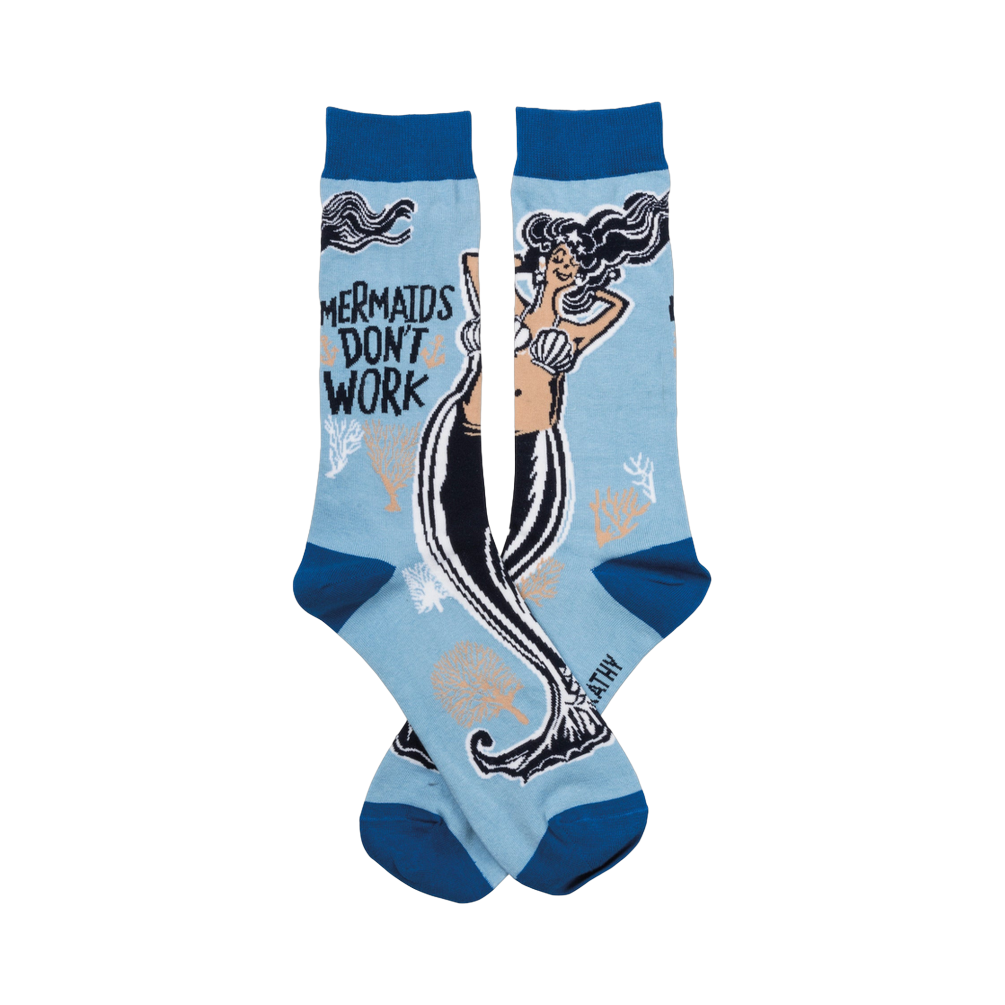 Crew socks in light blue with a dark blue cuff. Feature a graphic of a mermaid with the text 'Mermaids Don't Work'.
