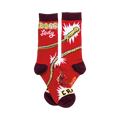 Pair of women's crew socks; red with burgundy cuffs; yellow rope pattern and 'Boss Lady' text.