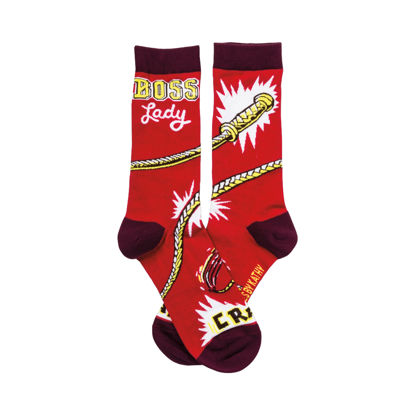 Pair of women's crew socks; red with burgundy cuffs; yellow rope pattern and 'Boss Lady' text.