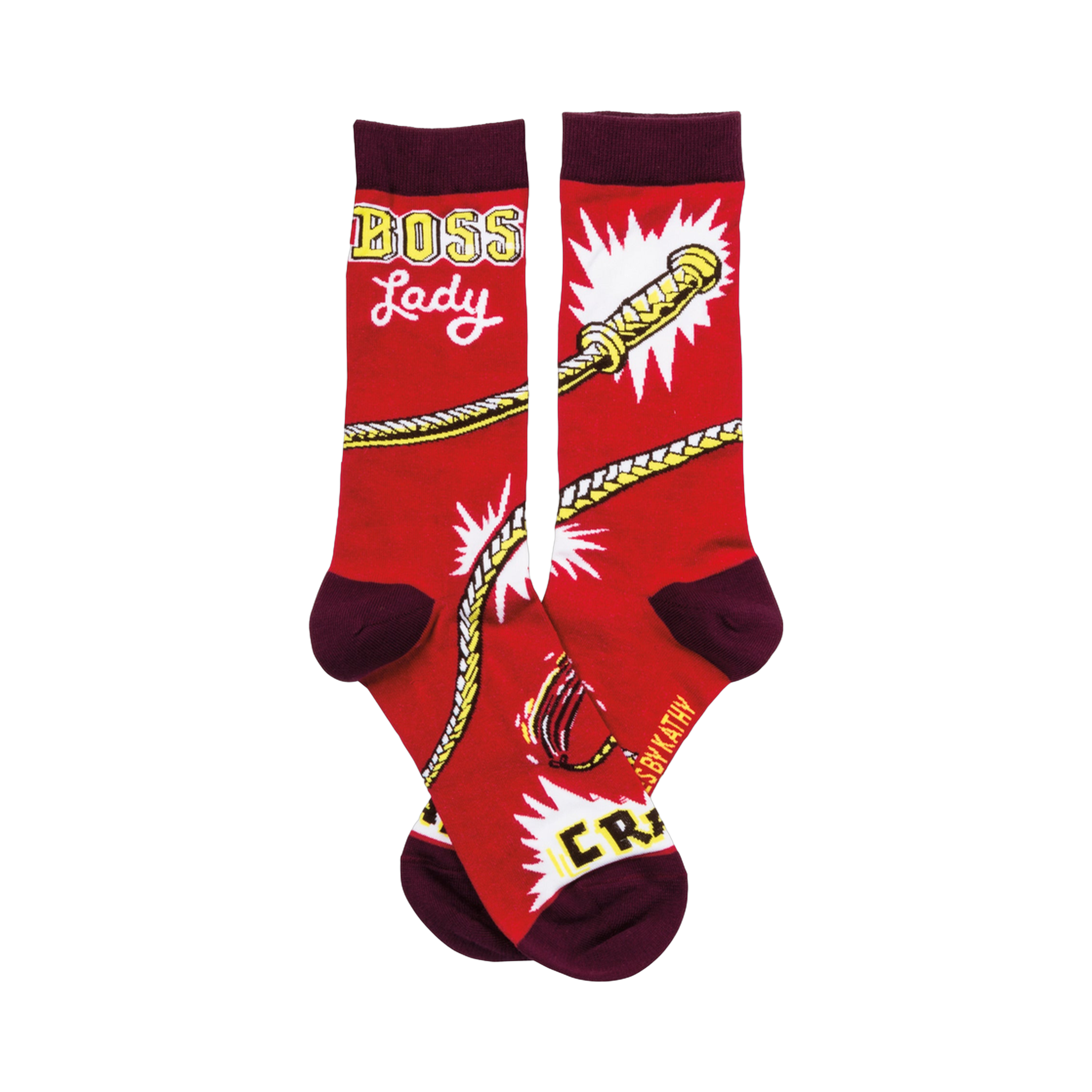 Pair of women's crew socks; red with burgundy cuffs; yellow rope pattern and 'Boss Lady' text.