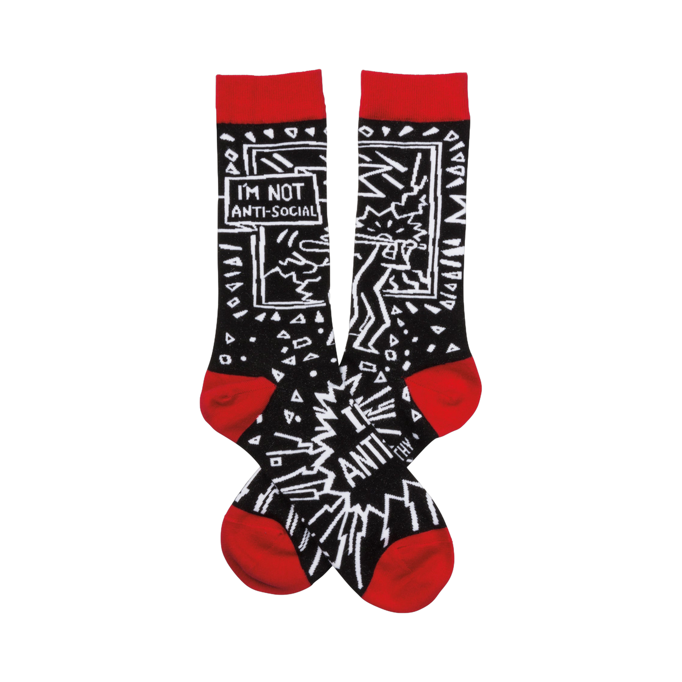 A pair of black crew socks with a red cuff.  The design features a white cartoonish figure, geometric shapes, and the text 'I'm not anti-social'.